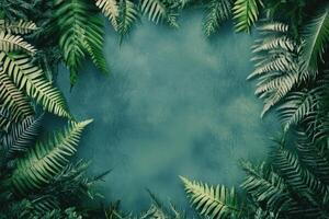 Tropical fern border on teal backdrop photo