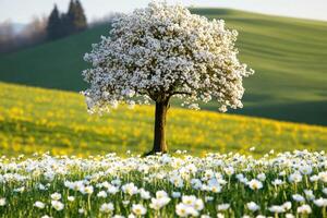 Blossoming tree in a field of wildflowers photo