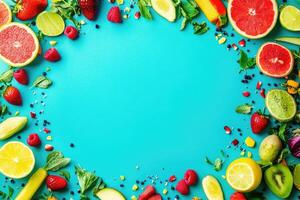 Colorful fruit border on vibrant turquoise background photo