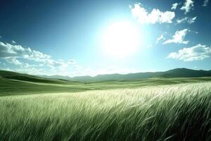 Sun-drenched, verdant meadow stretching to mountains photo
