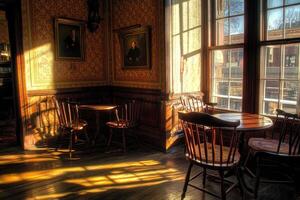 Sunlit corner room with antique furniture and portraits photo