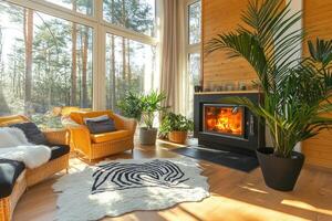 Cozy modern living room with fireplace and forest view photo