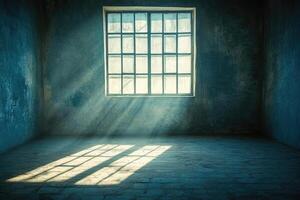 Empty room, sunbeams through large window photo