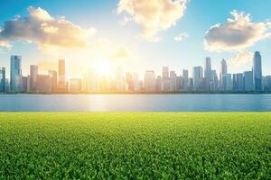 Lush green field meets modern cityscape at sunrise photo