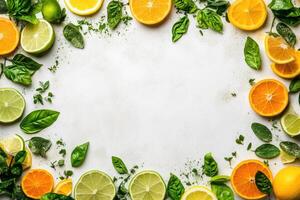 Fresh citrus fruits and herbs border photo