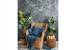 Cozy wicker armchair with plants and textiles photo