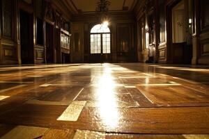 Sunlit grand hall with polished wooden floor photo