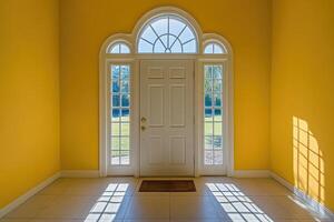 Sunny entryway with arched window and white door photo