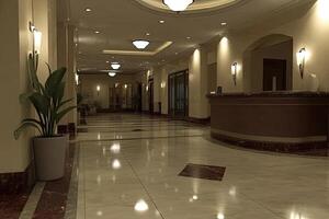 A long hallway with a large reception desk and lights photo
