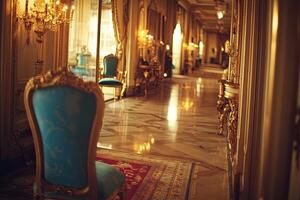 Luxurious palace hallway, opulent furnishings photo