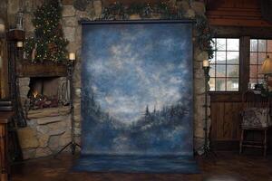 Winter landscape backdrop for photography. Rustic cabin setting photo