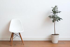 Simple, minimalist interior design with a chair and potted plant photo