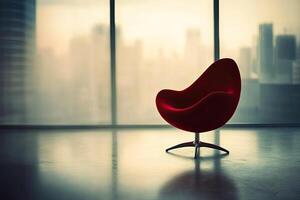 Modern red chair by window overlooking city photo