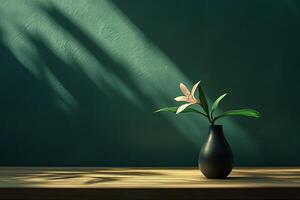 Soft light bathes a delicate flower in a dark vase photo