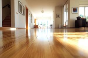 Modern home interior, sunlit hardwood floors photo