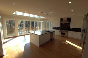 Bright, modern kitchen with sun-drenched island photo