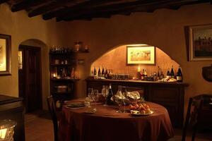 Rustic, intimate dining room with wine bar photo
