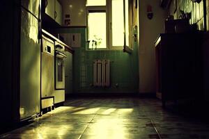Sunlight streams into a vintage kitchen photo