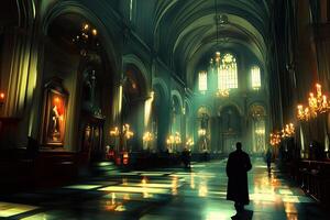 Grand cathedral interior, dimly lit, walking figure photo