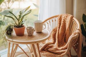 Cozy window seat with tea photo