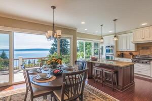 Spacious kitchen with lake views photo