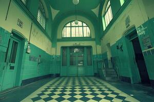 Empty, faded teal-toned hallway. Grand, arched entryway photo