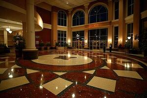 Grand hotel lobby at night photo