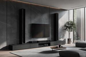 Modern living room with sleek design. Dark gray stone wall, tall black speakers, flat screen TV, and a low media console. Natural light streams in from large windows, showcasing an outdoor garden photo