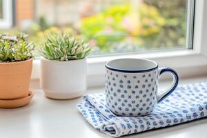 Cozy windowsill with a mug and plants photo
