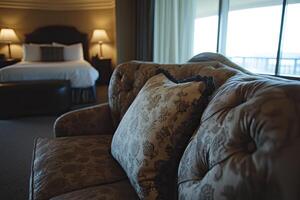 Luxurious hotel room with comfortable seating area photo