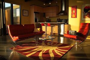 Modern open-concept living space with warm tones photo