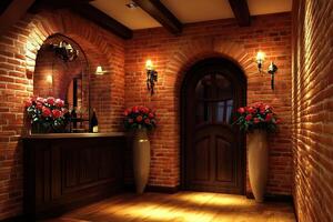 Rustic brick hallway with archways and dark wood accents photo