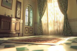Sunlit, vintage hallway with ornate details photo