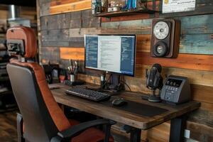 Modern workspace with rustic wood accents photo