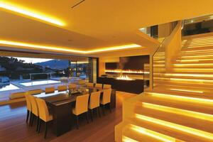 Modern, open-plan dining area with a view photo