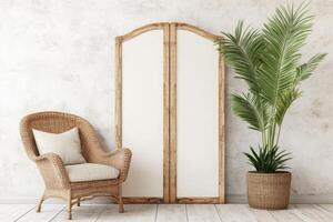 Rustic, light-filled room with wicker chair and double doors photo