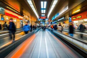 Busy pedestrian tunnel with moving walkways photo