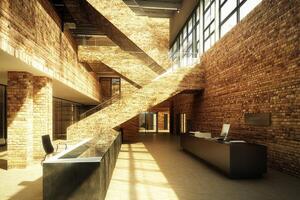 Modern brick lobby with soaring stairwell photo