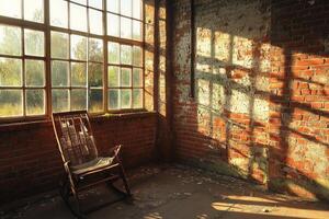 Sunlit rocking chair in an abandoned industrial space photo