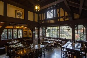 Rustic Dining Hall with Wooden Beams photo