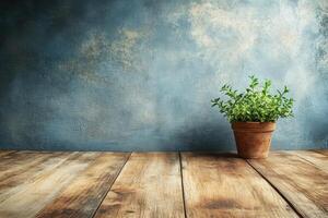 Rustic wooden table with potted herb photo
