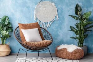 Cozy, Boho-style living room with a modern armchair photo