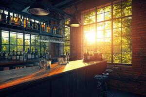 Industrial bar with large windows bathed in sunlight photo