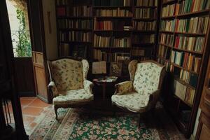 Cozy library nook with antique armchairs photo