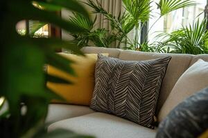 Cozy living room corner with plants and patterned cushions photo