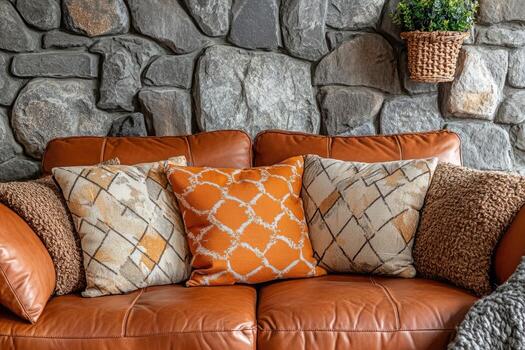 Rustic leather couch with patterned throw pillows photo