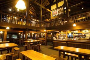 A large wooden bar with wooden tables and chairs photo