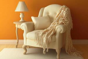 Cream armchair, orange wall, cozy scene photo