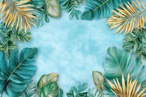 Tropical Leaf Border on Light Blue Background photo