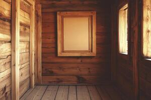 Wooden cabin interior with blank framed art photo